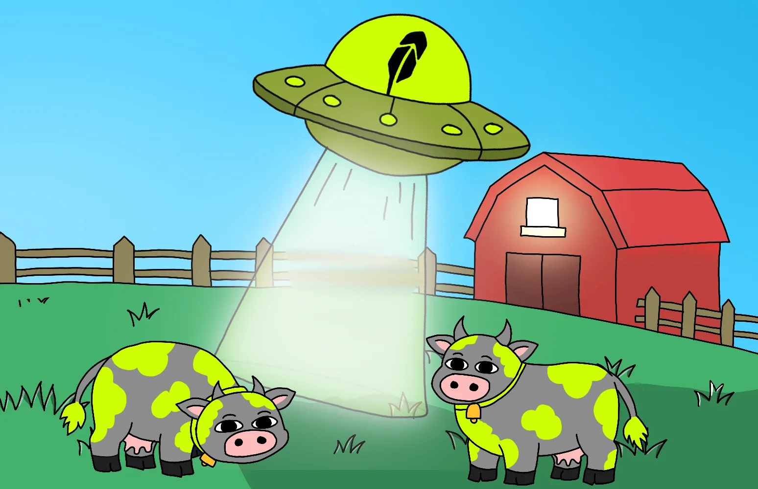 A lime UFO beams a $MOO cow up from a farm pasture while two cows watch, a red barn behind them.